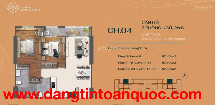 Bán căn hộ 2PN, 2WC - 87 m2 View đông nam - full nội thất , giá 4,75 tỷ, - Vung Tau Centre