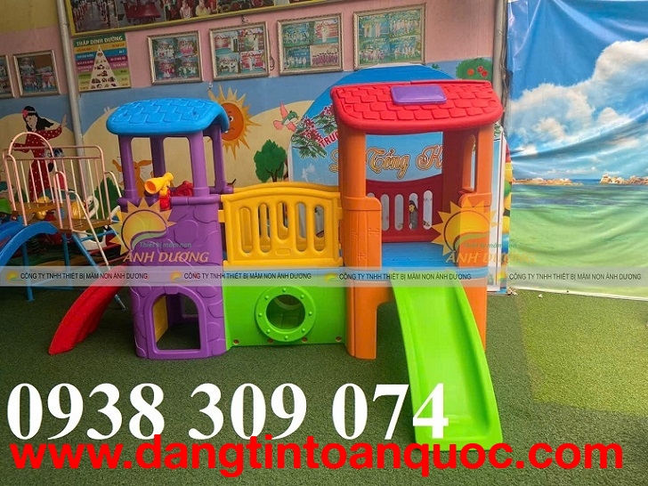 Bộ cầu trượt 2 khối nhà, nhà khối cầu trượt nhựa trẻ em