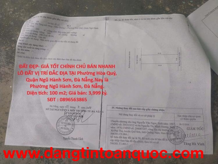 ĐẤT ĐẸP- GIÁ TỐT CHÍNH CHỦ BÁN NHANH LÔ ĐẤT VỊ TRÍ ĐẮC ĐỊA TẠI Phường Hòa Quý, Quận Ngũ Hành Sơn, Đà