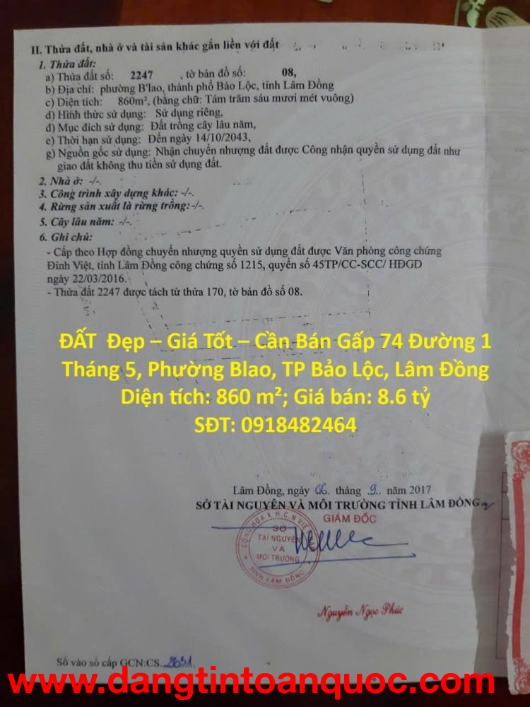 ĐẤT  Đẹp – Giá Tốt – Cần Bán Gấp – Đường 1 Tháng 5 – Phường Blao – TP Bảo Lộc – Lâm Đồng