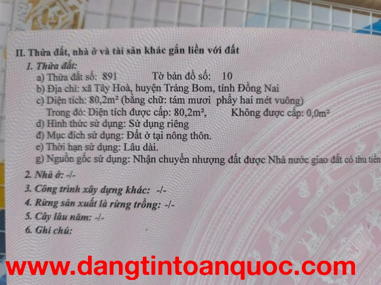 ĐẤT ĐẸP- GIÁ TỐT CHÍNH CHỦ BÁN NHANH LÔ ĐẤT VỊ TRÍ ĐẮC ĐỊA TẠI Xã Tây Hoà, Trảng Bom, Đồng Nai