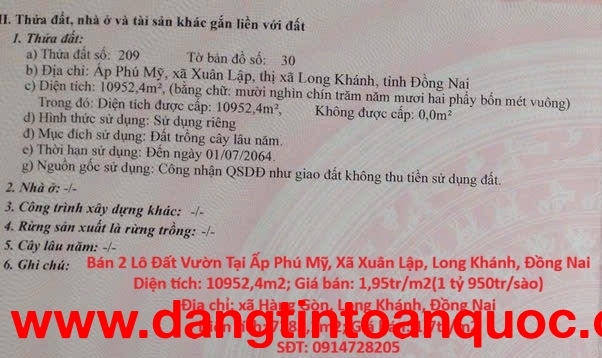 ĐẤT ĐẸP - ĐẦU TƯ LÀ SINH LỜI - Chính Chủ Bán 2 Lô Đất Vườn Tại Tp Long Khánh, Đồng Nai