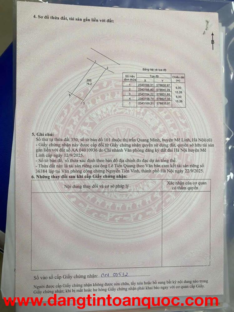 CẦN BÁN 76M² QUANG MINH MÊ LINH – MT 5M – GẦN CHỢ, GẦN TRƯỜNG.5 TỶ.LH CC