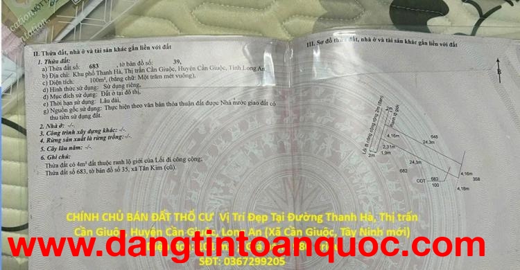 CHÍNH CHỦ BÁN ĐẤT THỔ CƯ  Vị Trí Đẹp Tại TT CẦN GIUỘC, HUYỆN CẦN GIUỘC, TỈNH LONG AN