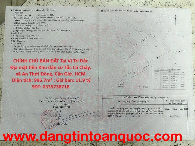 CHÍNH CHỦ BÁN ĐẤT Tại Vị Trí Đắc Địa mặt tiền Khu dân cư Tắc Cá Cháy, xã An Thới Đông, Cần Giờ. Dt 9