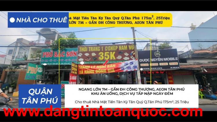 Cho thuê Nhà Mặt Tiền Tân Kỳ Tân Quý Q.Tân Phú 175m²,NGANG 7M, 25Triệu