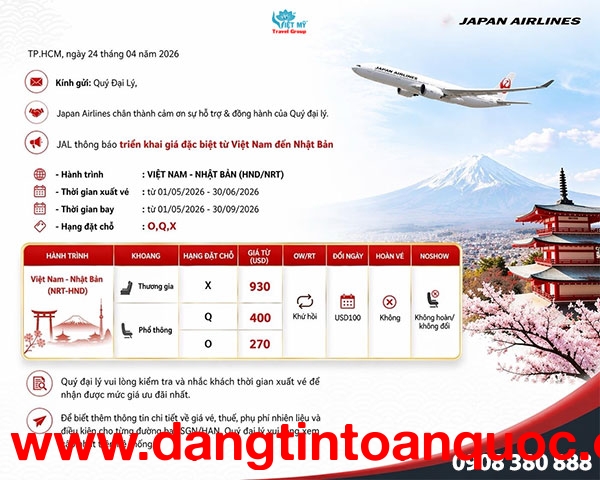 Japan Airlines khuyến mãi từ Việt Nam đi Nhật Bản