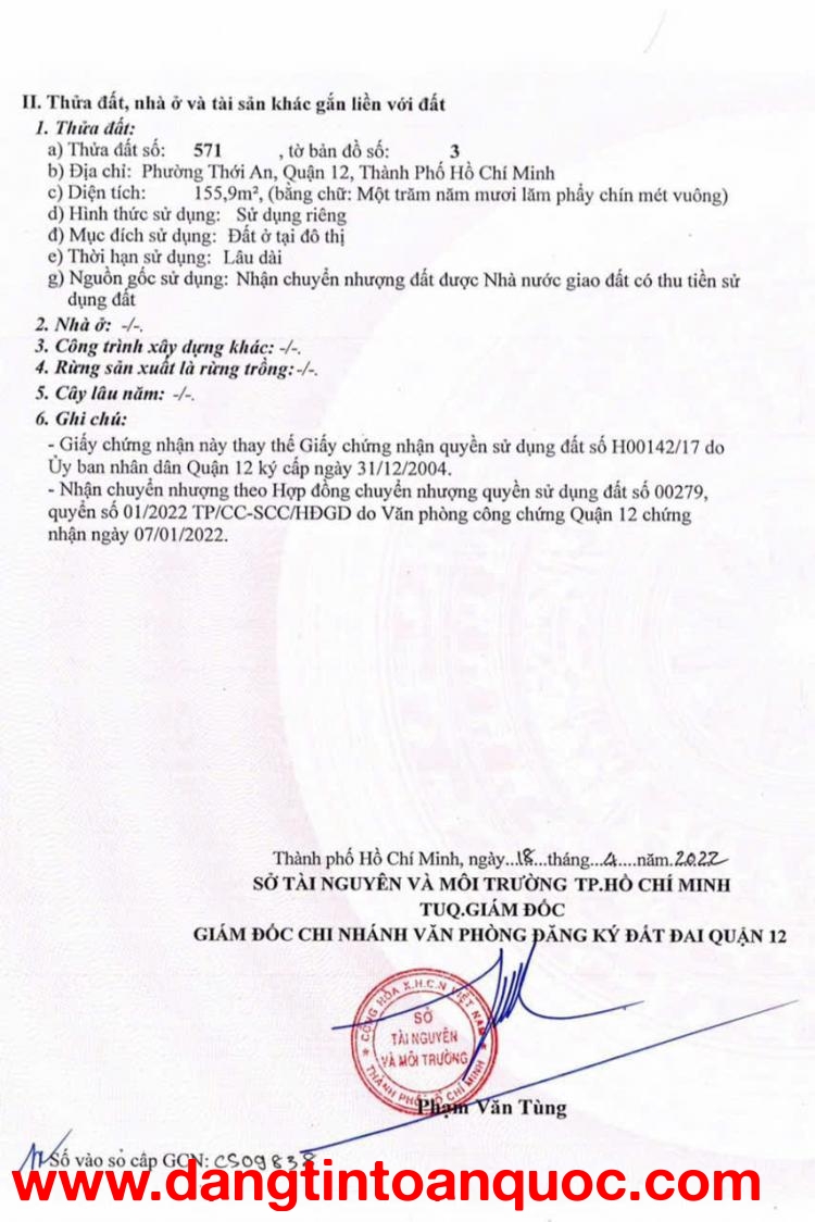 Bán Lô Đất MT Trần Thị Cờ, P. Thới An, Quận 12 – DT Đẹp – Thổ Cư 156m² – Giá 9.99 Tỷ