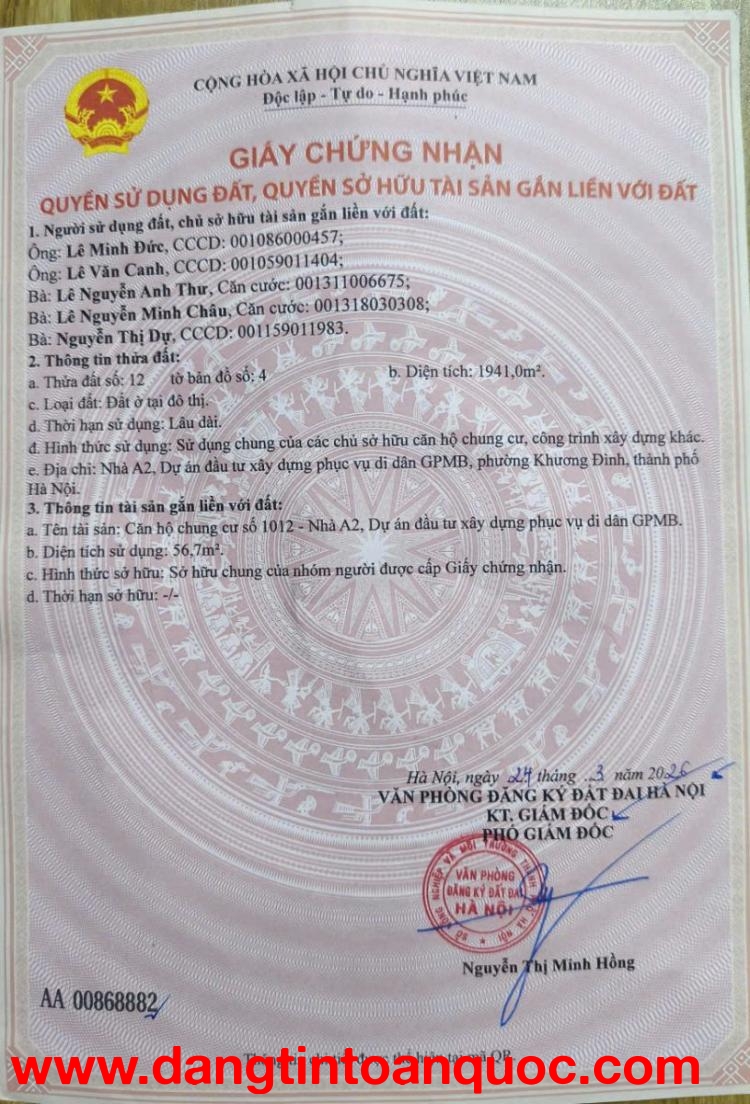 CHÍNH CHỦ CẦN BÁN CĂN HỘ CHUNG CƯ 1012 - CHUNG CƯ A2 NGÕ 80 HOÀNG ĐẠO THÀNH