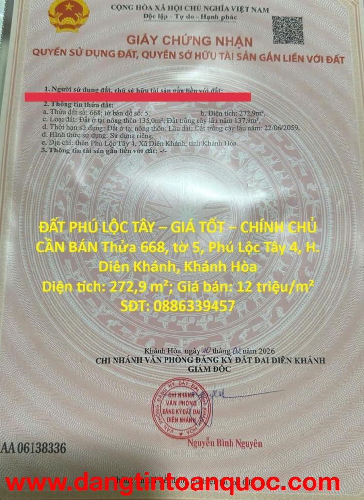 ĐẤT PHÚ LỘC TÂY – GIÁ TỐT – CHÍNH CHỦ CẦN BÁN Thửa 668, tờ 5, Phú Lộc Tây 4, H. Diên Khánh, Khánh Hò