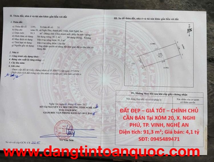 ĐẤT ĐẸP – GIÁ TỐT – CHÍNH CHỦ CẦN BÁN Tại XÓM 20, X. NGHI PHÚ, TP. VINH, NGHỆ AN
