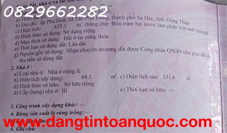 Bán đất 425m2 thổ cư MT Lê Hồng Phong, Tân Dương, Đồng Tháp. Sổ hồng, Đông Nam, giá 4.4 tỷ.