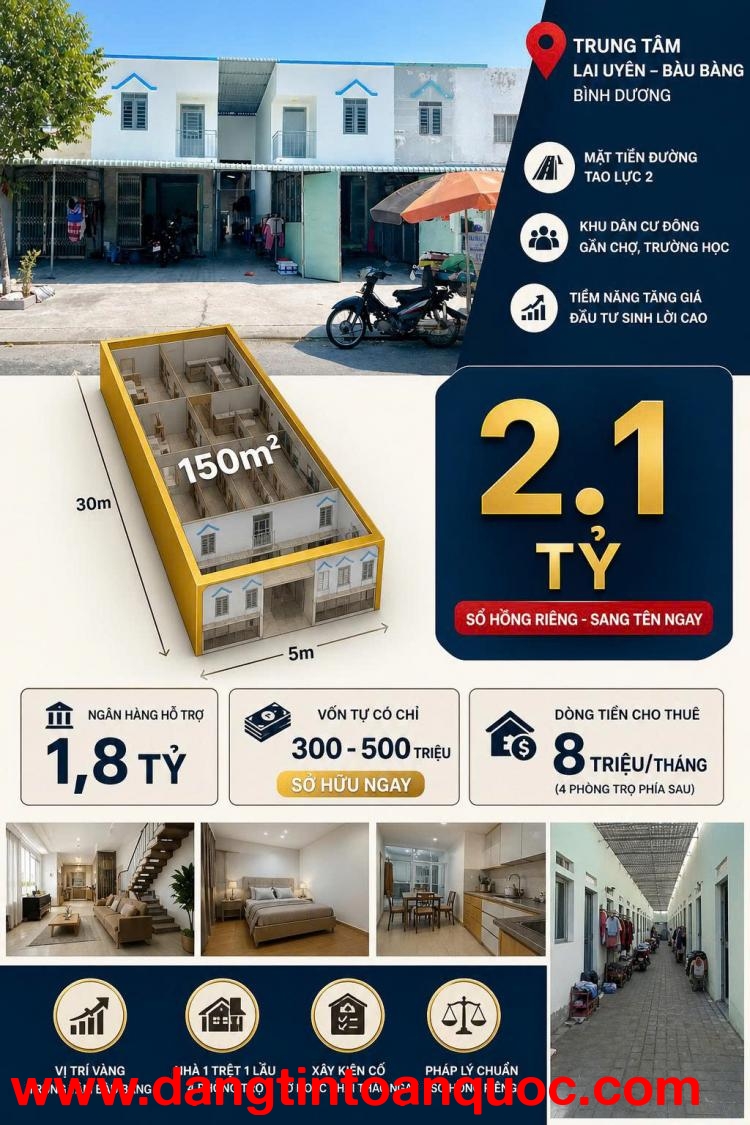 NHÀ MẶT PHỐ BÀU BÀNG 150M2 - SỔ ĐỎ CHÍNH CHỦ - CHỈ 2.1 TỶ! KHÔNG ĐỢI NỮA! 0898333313