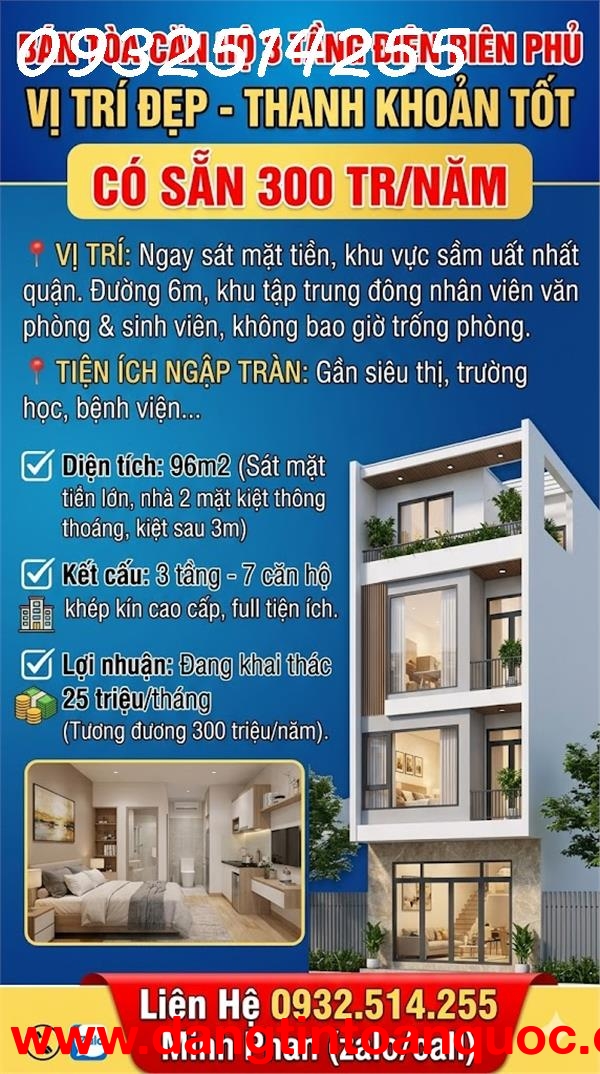 Toà Căn Hộ Thu Nhập 300tr/Năm - Đường Điên Biên Phủ - Giá Bán Chỉ 7 tỷ xxx - Kiệt ô tô 6m - Thanh Kh