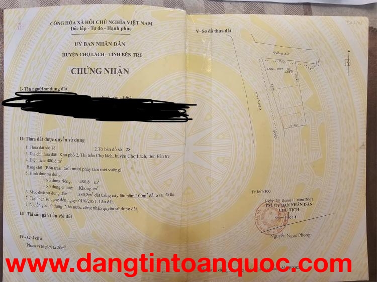 ĐẤT ĐẸP - VỊ TRÍ ĐẮC ĐỊA - Chính Chủ Bán Nhanh Lô Góc 2 Mặt Tiền Trung Tâm thị trấn Chợ Lách Bến Tre