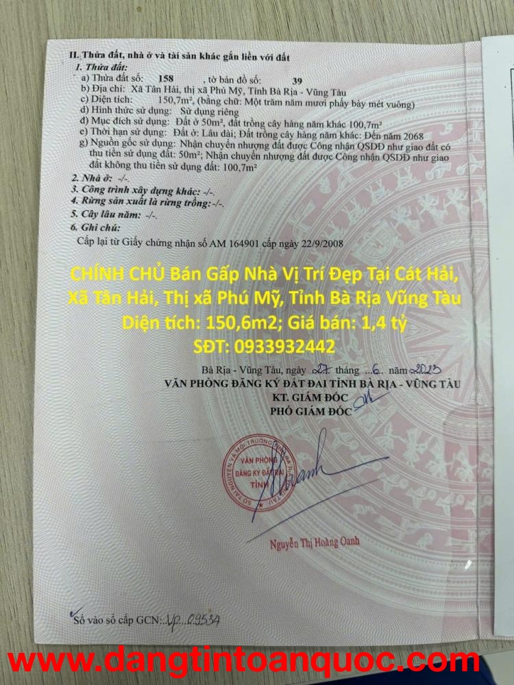 CHÍNH CHỦ Bán Gấp Nhà Vị Trí Đẹp Tại Cát Hải, Xã Tân Hải, Thị xã Phú Mỹ, Tỉnh Bà Rịa Vũng Tàu