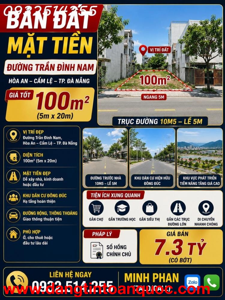 Chính chủ bán đất Trần Đình Nam  đường 10m5 - Hoà An Cẩm Lệ - Giá 7 tỷ 2 - LH 0932514255