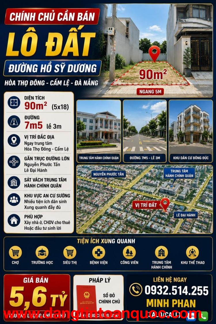 Bán Đất Hồ Sỹ Dương - Hoà Thọ Đông - Cẩm Lệ - Đường 7m5 - Giá chỉ 5 tỷ xxx Lh 0932514255
