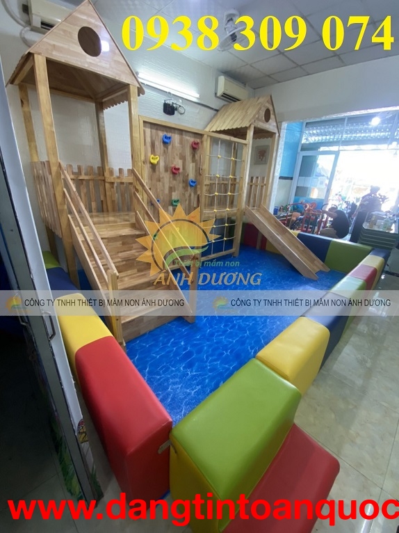 Cầu trượt gỗ liên hoàn trẻ em, thang leo cầu trượt gỗ trẻ em