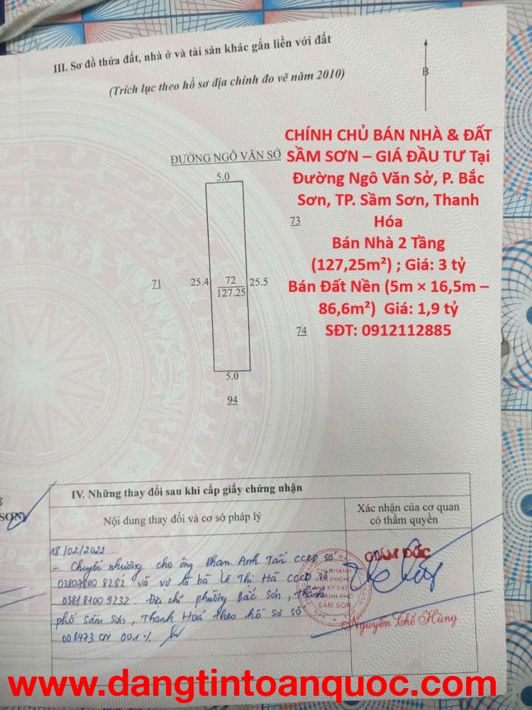 CHÍNH CHỦ BÁN NHÀ, ĐẤT Tại ĐƯỜNG NGÔ VĂN SỞ BẮC SƠN SẦM SƠN THANH HÓA