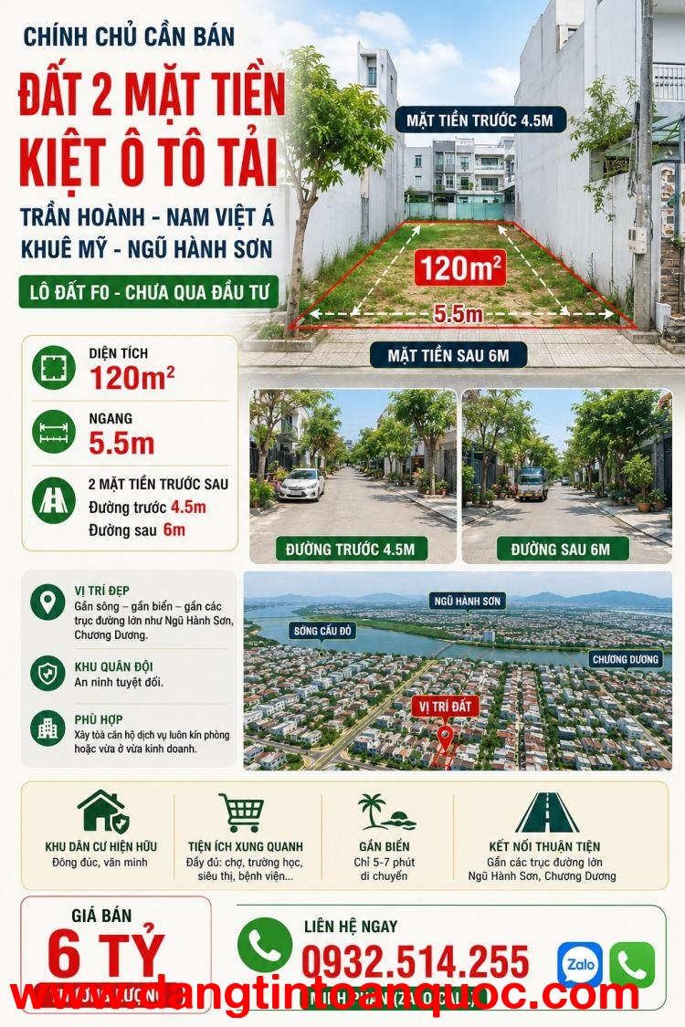 Cần bán Lô đất 2 mặt tiền kiệt  6m - Đường Trần Hoành - Khuê Mỹ - Ngũ Hành Sơn - Diện tích 120m.