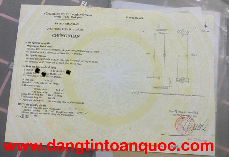 BÁN NHÀ TẠI THANH KHÊ, ĐÀ NẴNG DT 63,8M2 - SHR - CHỈ 7.5 TỶ. LH:0935218919.