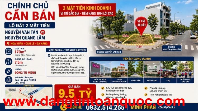 Chính chủ bán lô đất 2 MT Nguyễn Văn Tấn vs Nguyễn Quang Lâm - Hoà Xuân Cẩm Lệ -170m2