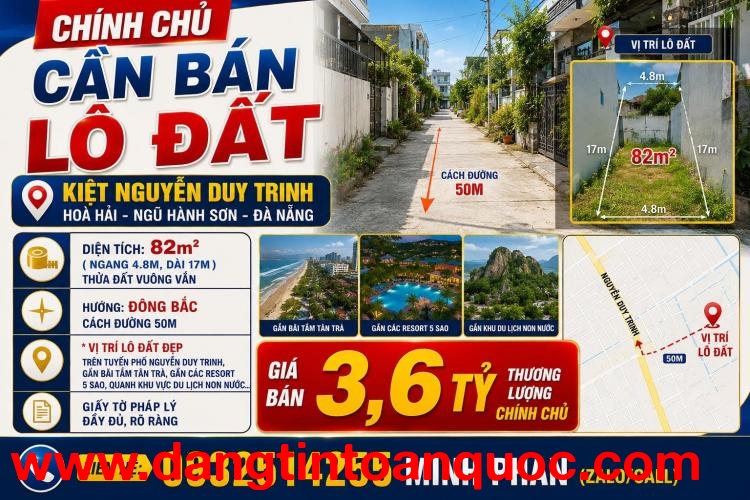 Bán Đất Kiệt ô tô Nguyễn Duy Trinh - Ngũ Hành Sơn - Ngang 5m - 82 m2 - Giá chỉ 3.6 tỷ