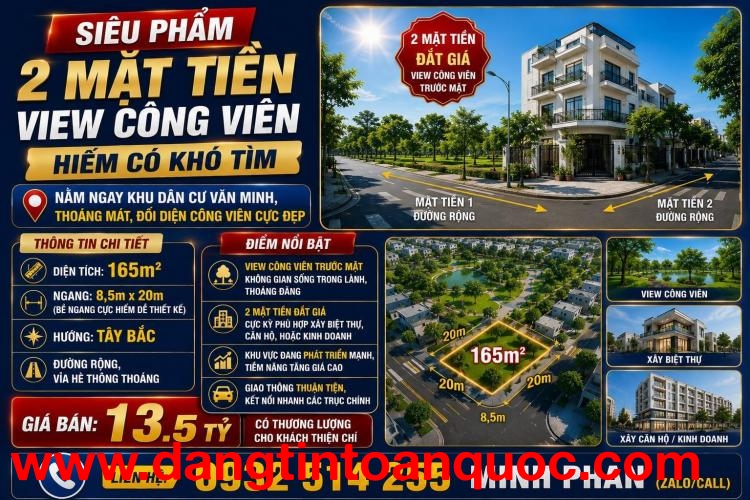 Lô góc 2mt Phạm Xuân Ẩn - Thanh Lương 24 - View Công Viên - Gần Sông - 165m Hoà Xuân Cẩm Lệ.