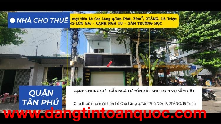 Cho thuê nhà mặt tiền Lê Cao Lãng q.Tân Phú, 70m², 2TẦNG, 15Triệu