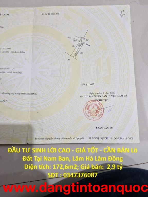 ĐẦU TƯ SINH LỜI CAO - GIÁ TỐT - CẦN BÁN Lô Đất Tại Nam Ban, Lâm Hà Lâm Đồng