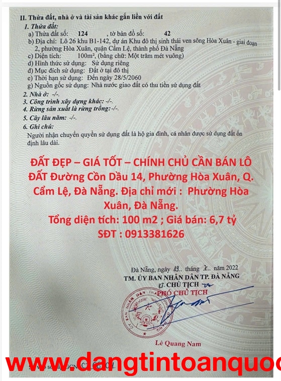 ĐẤT ĐẸP – GIÁ TỐT – CHÍNH CHỦ CẦN BÁN LÔ ĐẤT Đường Cồn Dầu 14, Phường Hòa Xuân, Q. Cẩm Lệ, Đà Nẵng.