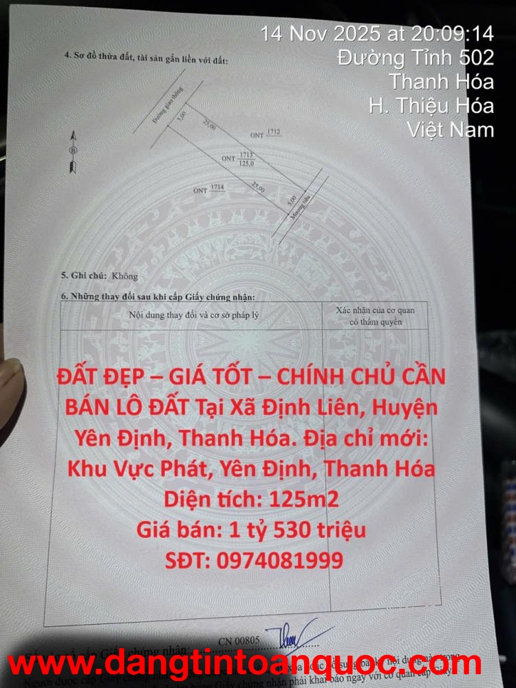 ĐẤT ĐẸP – GIÁ TỐT – CHÍNH CHỦ CẦN BÁN LÔ ĐẤT Tại Xã Định Liên, Huyện Yên Định, Thanh Hóa