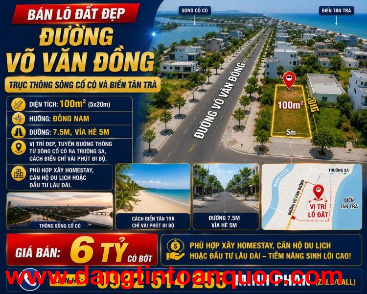 Bán lô đất đẹp 100m2 đường 7,5m Võ Văn Đồng - Trục thông sông và biển Tân Trà - Giá rẻ nhất tuyến