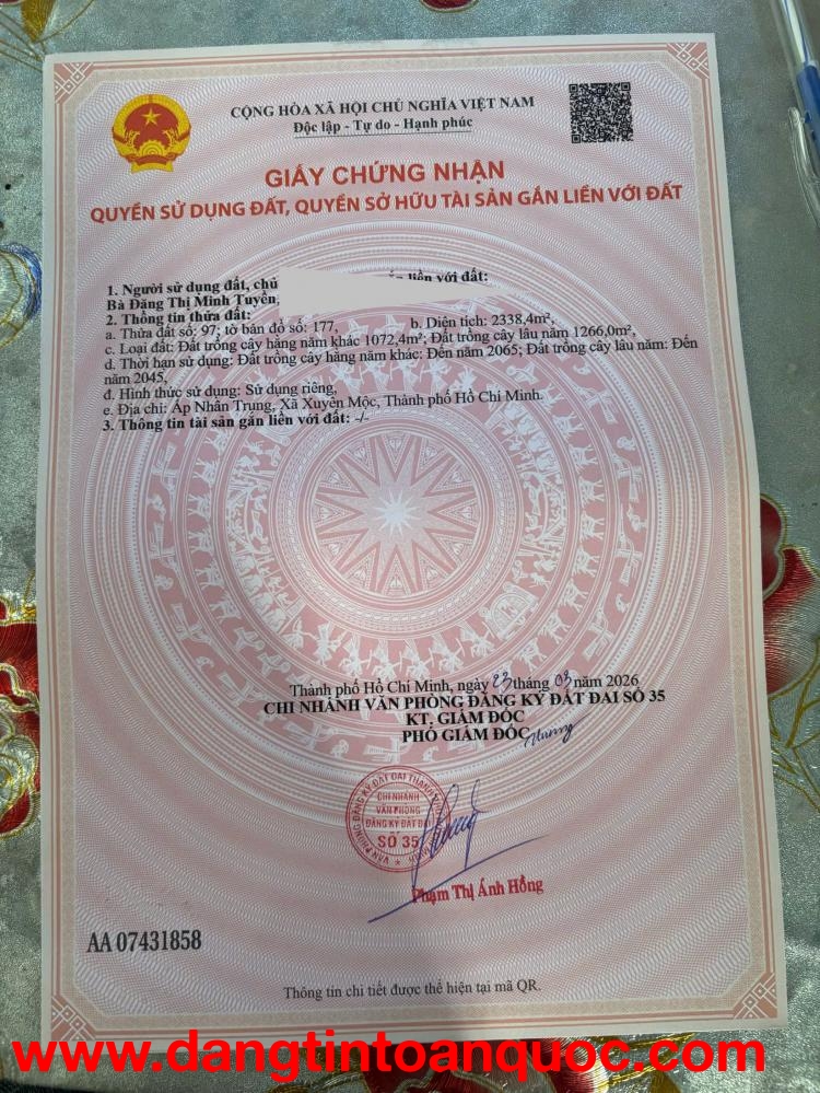 CHÍNH CHỦ CẦN BÁN ĐẤT XÃ XUYÊN MỘC, HUYỆN XUYÊN MỘC BÀ RỊA VŨNG TÀU ,NAY THUỘC TP.HCM