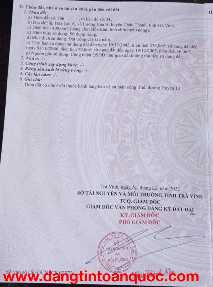 Chính Chủ Bán Lô Đất Tiềm Năng Tại Ấp Hòa Lạc A, Xã Lương Hòa A, Huyện Châu Thành, Tỉnh Trà Vinh