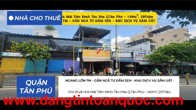 Cho thuê nhà Mặt Tiền Kênh Tân Hóa Q.Tân Phú–140m², 20Triệu