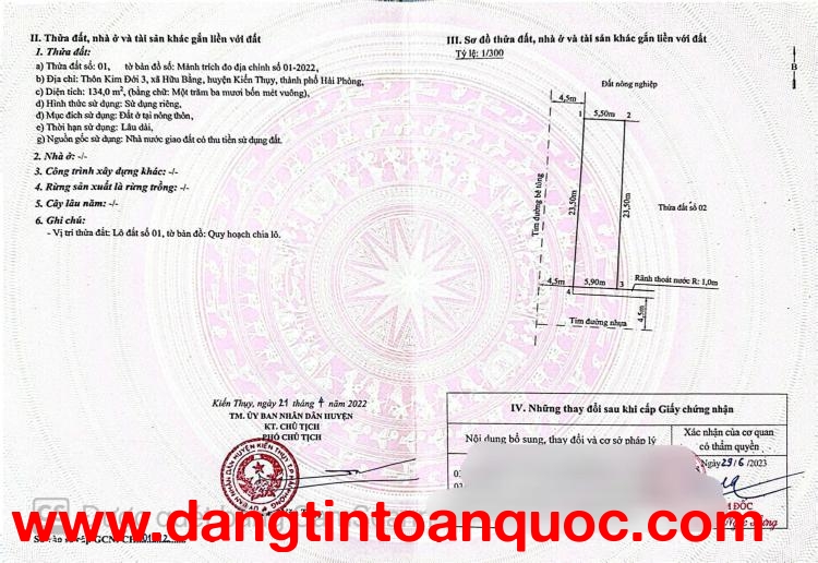 Bán lô đất đấu giá Kim Đới 3, xã Hữu Bằng, huyện Kiến Thụy, Hải Phòng.