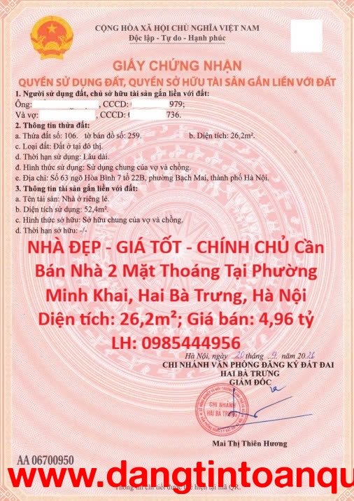 NHÀ ĐẸP - GIÁ TỐT - CHÍNH CHỦ Cần Bán Nhà 2 Mặt Thoáng Tại Phường Minh Khai, Hai Bà Trưng, Hà Nội