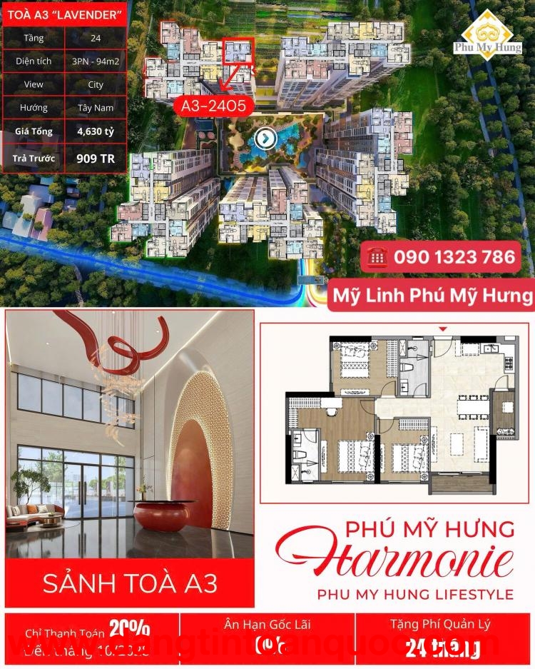 HARMONIE PHÚ MỸ HƯNG 3 PHÒNG NGỦ 2WC, 4,6 TỶ MUA TT CĐT, LS 0% ÂN HẠN GỐC ĐẾN KHI NHẬN NHÀ. XEM NHÀ 