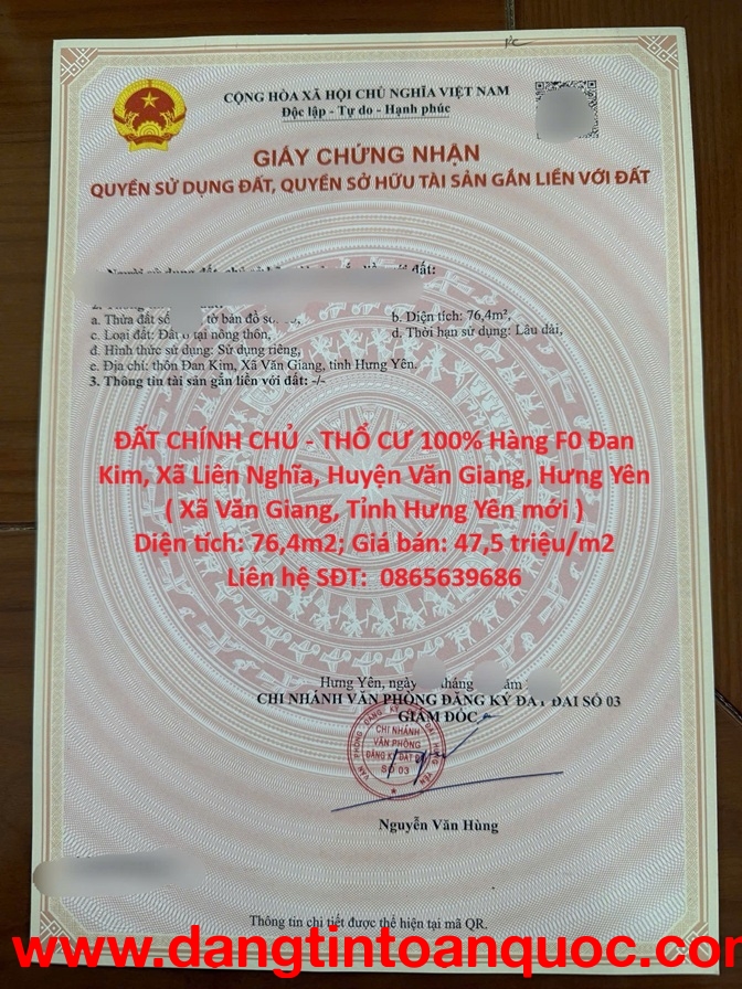 ĐẤT CHÍNH CHỦ - THỔ CƯ 100% Hàng F0 Đan Kim, Xã Liên Nghĩa, Huyện Văn Giang, Hưng Yên