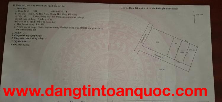 Bán đất 150m2 xã Hòa Ninh (nay xã Bà Nà) - TP Đà Nẵng
