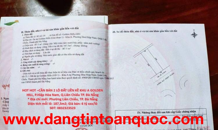 HOT HOT –CẦN BÁN 2 LÔ ĐẤT LIỀN KỀ KHU A GOLDEN HILL, P.Hòa Hiệp Nam, Q.Liên Chiểu TP. Đà Nẵng