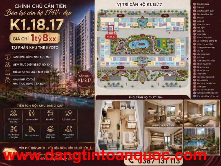 CHÍNH CHỦ CẦN TIỀN – BÁN LẠI CĂN 1PN+ ĐẸP NHẤT THE KYOTO