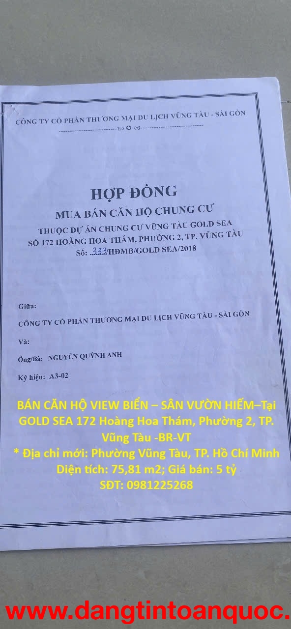 BÁN CĂN HỘ VIEW BIỂN – SÂN VƯỜN HIẾM–Tại GOLD SEA 172 Hoàng Hoa Thám, Phường 2, TP. Vũng Tàu -BR-VT