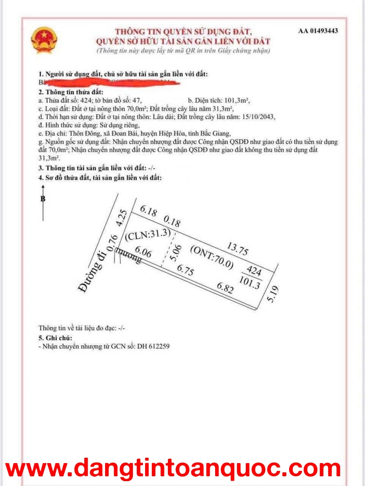 CHỈ NHỈNH 1 TỶ – CẦN TIỀN BÁN GẤP LÔ ĐẤT ĐẸP HIỆP HOÀ – Đoan Bái – Hiệp Hoà – Bắc Giang
