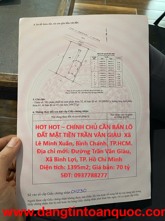 HOT HOT – CHÍNH CHỦ CẦN BÁN LÔ ĐẤT MẶT TIỀN TRẦN VĂN GIÀU  Xã Lê Minh Xuân, Bình Chánh, TP.HCM
