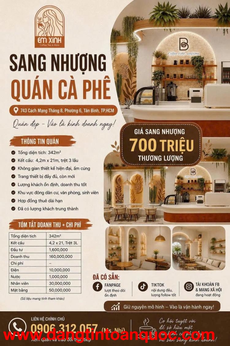SANG NHƯỢNG QUÁN CÀ PHÊ – VÀO LÀ KINH DOANH NGAY địa chỉ 743 Cách Mạng Tháng 8, Phường 6, Tân Bình, 